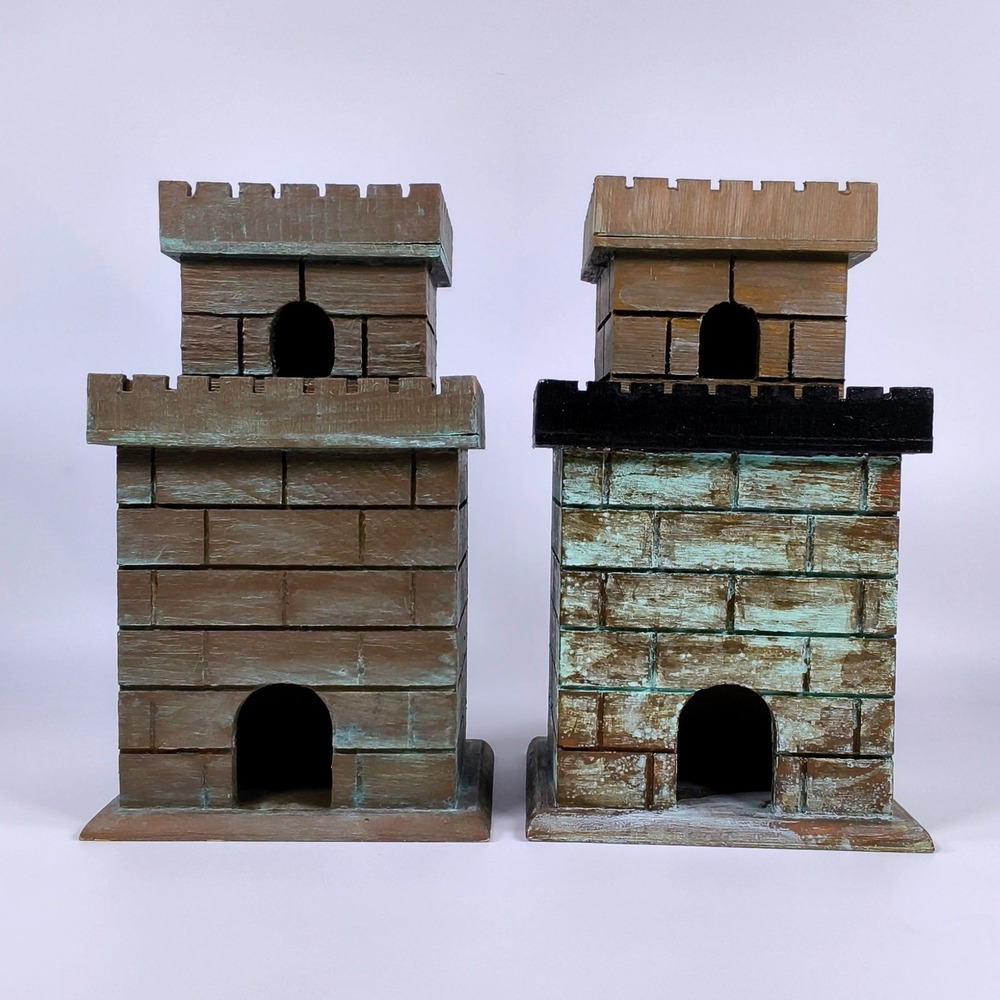 Vintage Style Wooden Castle Tower Distressed Faux Verdigris Decor Set 2